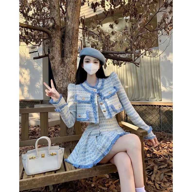 Bộ Áo Khoác + Chân Váy Xếp Ly Lưng Cao Phối Màu Tương Phản Thời Trang Thu Đông Phong Cách Phương Tây