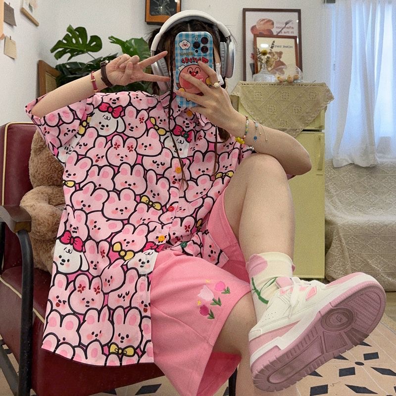 Hoạt Hình Áo Sơ Mi Tay Lửng Dáng Rộng In Hình Động Vật Phong Cách vintage Hàn Quốc Dành Cho Nữ