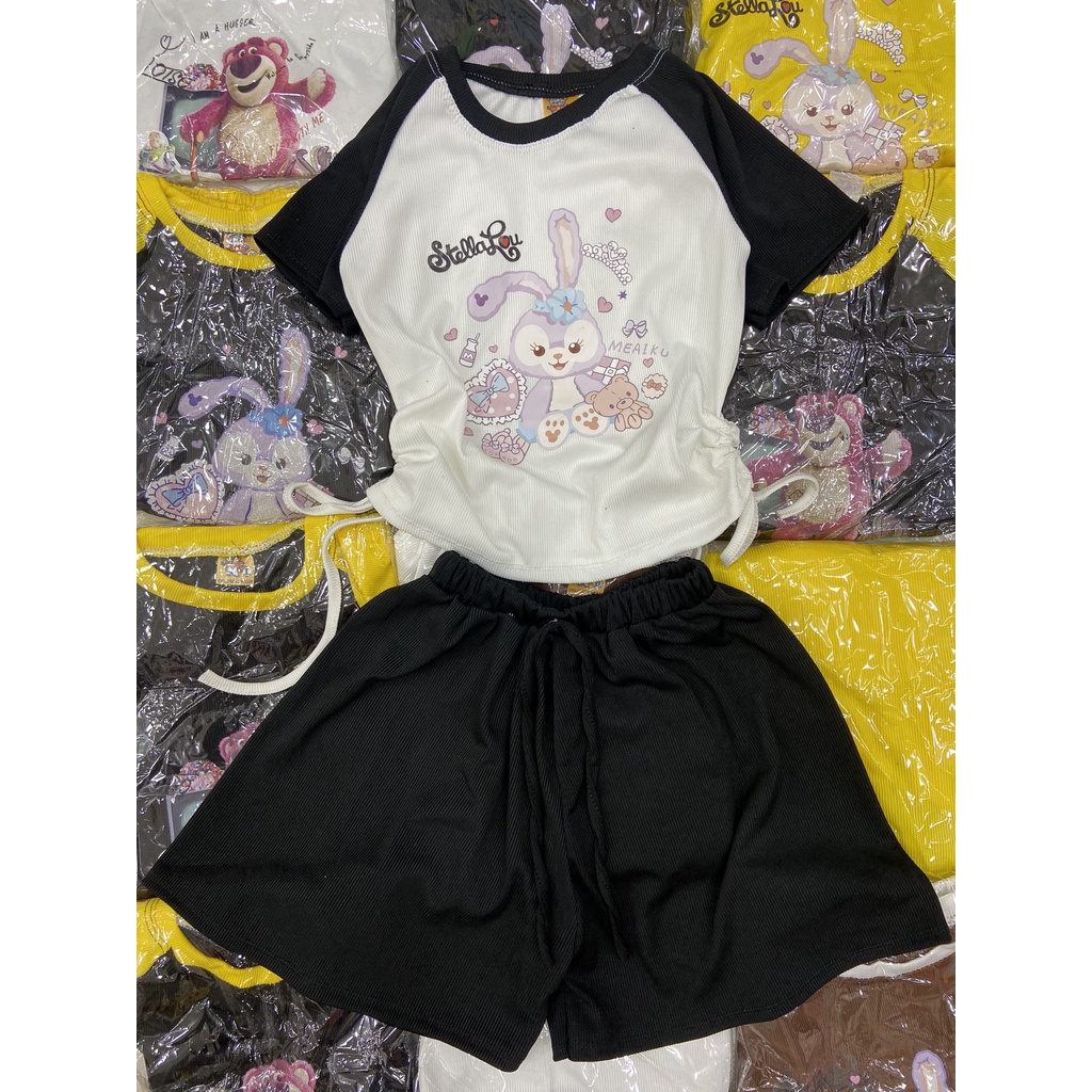 Set áo dây rút 2 bên họa tiết hoạt hình + quần đùi vải thun gân tăm cho bé gái đi chơi, đi học