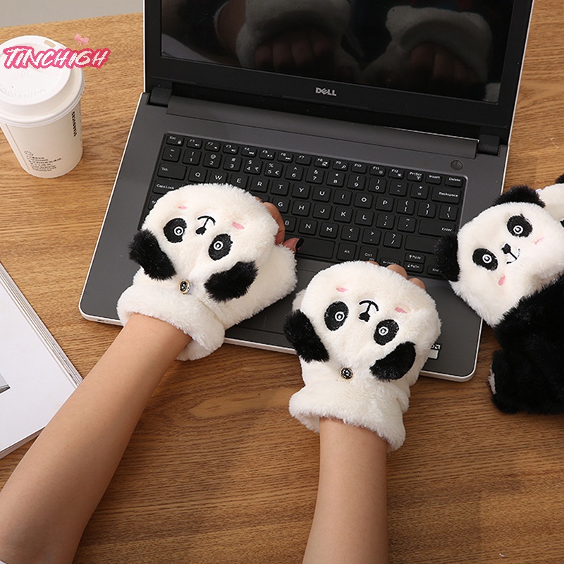 Găng Tay Đi Xe Đạp Hở Ngón Giữ Ấm Mùa Đông Hình Gấu Trúc Hoạt Hình Cho Học Sinh