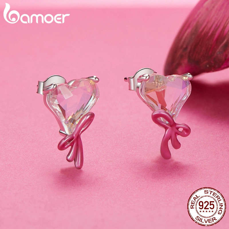 Bamoer Bông Tai Bạc sterling 925 Hình Trái Tim Màu Hồng