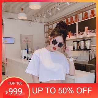 Áo Croptop cổ tròn trơn tay lỡ hót ☘️chất thun lụa co giãn mịn đẹp