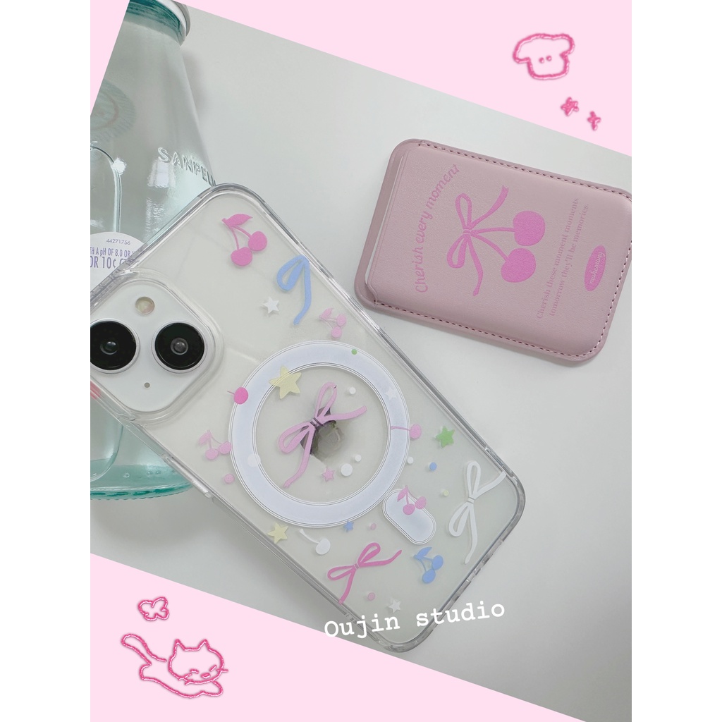 Bao Da Điện Thoại Có Ngăn Đựng Thẻ Từ Tính Hình Quả cherry Dễ Thương Cho 15pro / 14promax / 13 / 12 / 11 Ốp