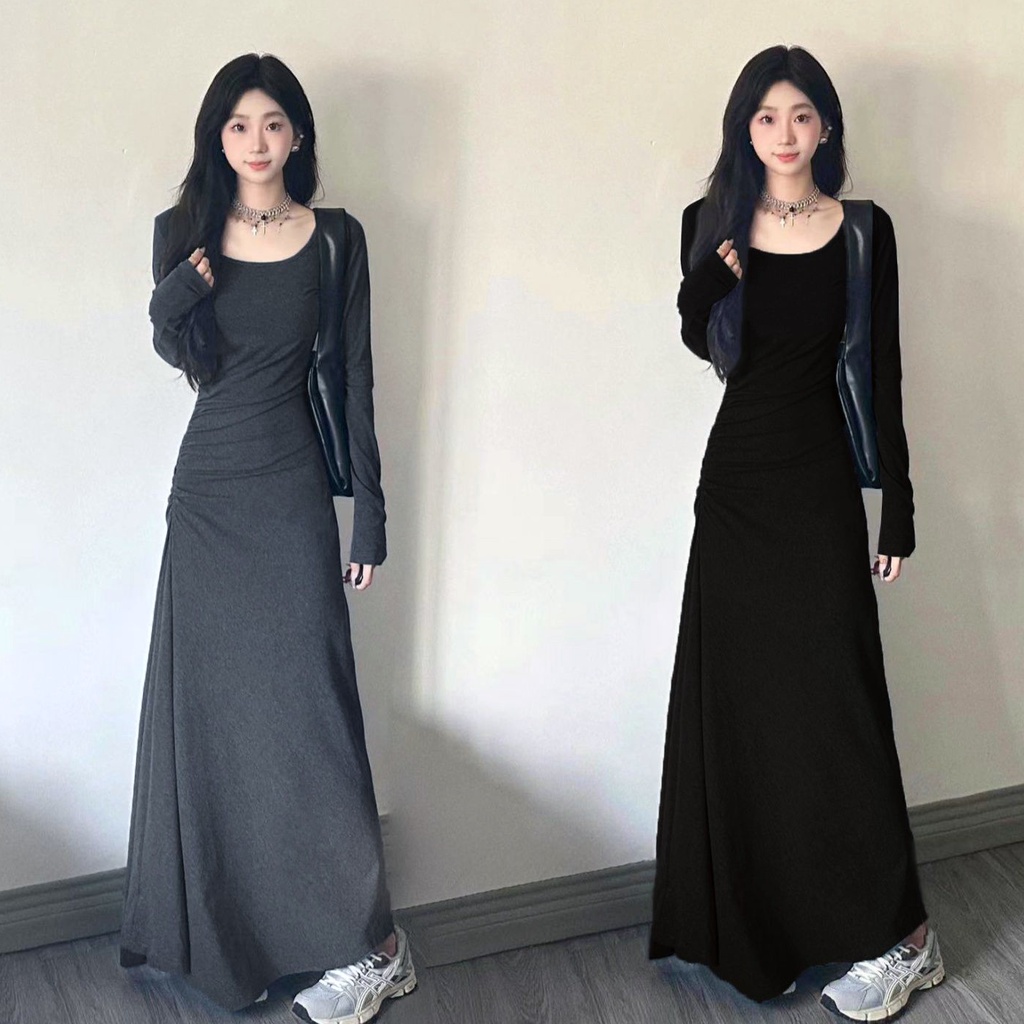 Váy body dáng dài Đầm Dài Qua Gối Tay Dài Váy thu đông Đầm body Màu Xám Cho Nữ