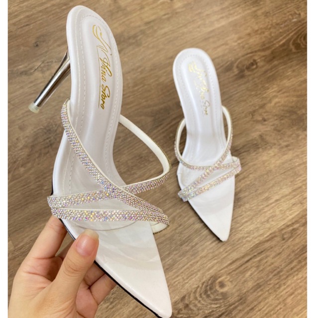 Guốc cao gót mũi nhọn đế cao 9 phân quai đính dây đá chéo VINA STORE mã H186