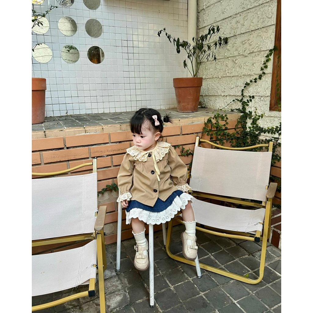 Áo Khoác Kaki Mềm Cổ Viền Ren Buộc Nơ Điệu Đà