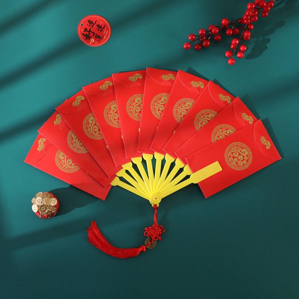 Bao Lì Xì Năm Mới Màu Đỏ Hình Quạt Hoạt Hình Có 10 Ngăn Đựng Tiền May Mắn Sáng Tạo