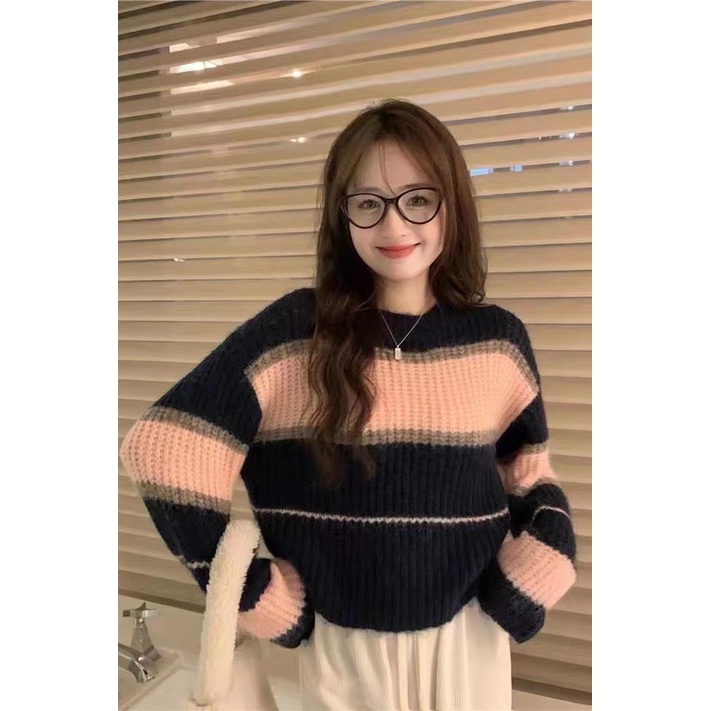 Áo sweater Dệt Kim Tay Dài Mềm Mại Họa Tiết Kẻ Sọc Thời Trang Mùa Thu Nhật Bản 2023