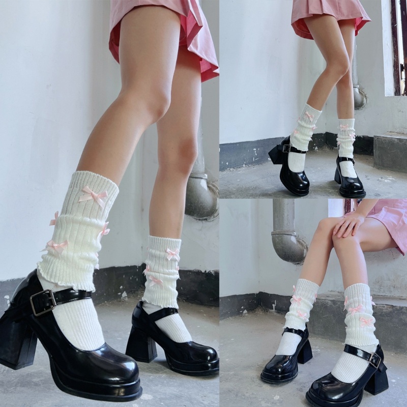 Tất Dệt Kim Giữ Ấm Chân Phối Nơ Dễ Thương Phong Cách Nhật Bản Cho Nữ