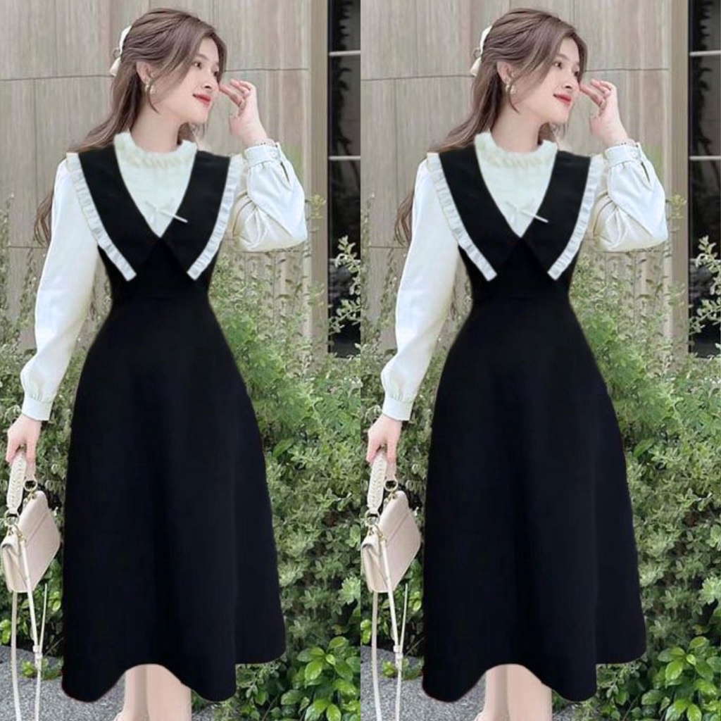 Váy Dự Tay Dài Cổ Bèo Nhọn Vải Cotton Lạnh Phối Lụa Bigsize  50 - 100Kg Dễ Thương Nữ Cotton Dress Đầm Đen