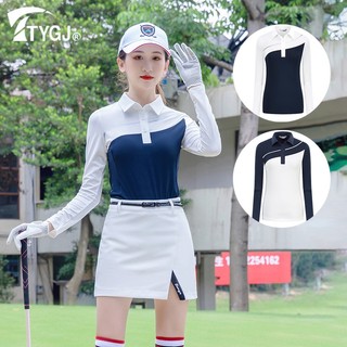 Ttygj áo thun thể thao tay dài cổ bẻ ghép vải co giãn cho nữ