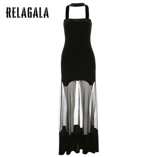 RelaGala Nữ Mới Thời Trang Màu Trơn Gợi Cảm Cổ Tắt Vai Váy Lưới