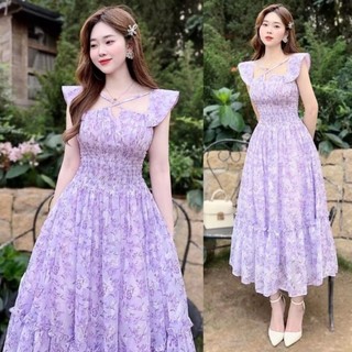 Đầm voan hoa màu tím nàng thơ dáng xoè eo mocking phối dây xinh đẹp
