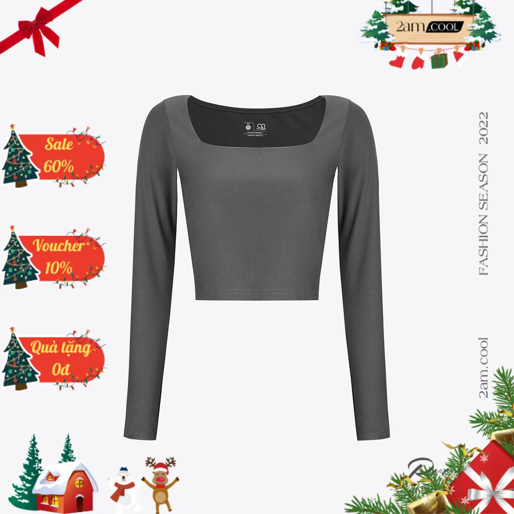 Áo Croptop Tay Dài Nữ Cổ Vuông Chất Liệu Cotton Co Giãn 4 Chiều 2AM