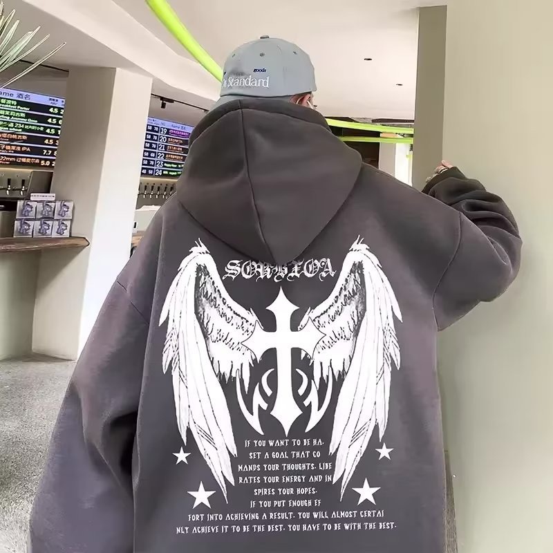 áo hoodie nam big size M-5XL[ có size 30 kg_95 kg ]Áo hoodie cotton Nhung Dày Tay Dài In Hình Cánh C