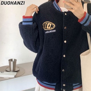 Áo khoác bóng chày sherpa DUOHANZI phong cách đại học Mỹ cổ điển dáng rộng cho nữ