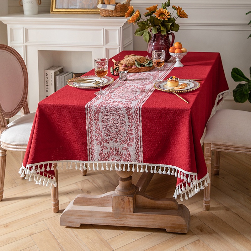 CNY 2024 Khăn Trải Bàn Trang Trí Màu Đỏ Với Bàn Chạy Khăn Trải Bàn Hình Chữ Nhật Lễ Hội Bàn Trà Thảm Trang Trí Năm Mới