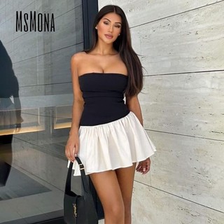 MsMona Nữ Thời Trang Mới Trễ Vai Tương Phản Pleat Slim Fit Đầm