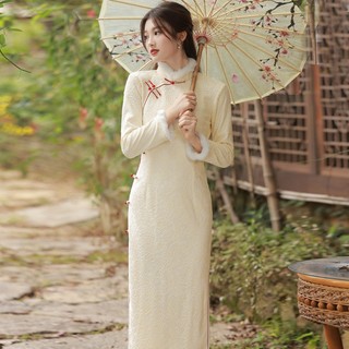 Đầm Sườn Xám Cách Tân Tay Dài Chất Liệu Nhung Dày Dặn Phong Cách Trung Hoa Thời Trang Thu Đông Mới