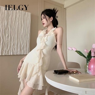 Váy treo cổ chữ v không tay cổ chữ v IELGY dành cho nữ có xù xì kiểu Pháp và đa năng