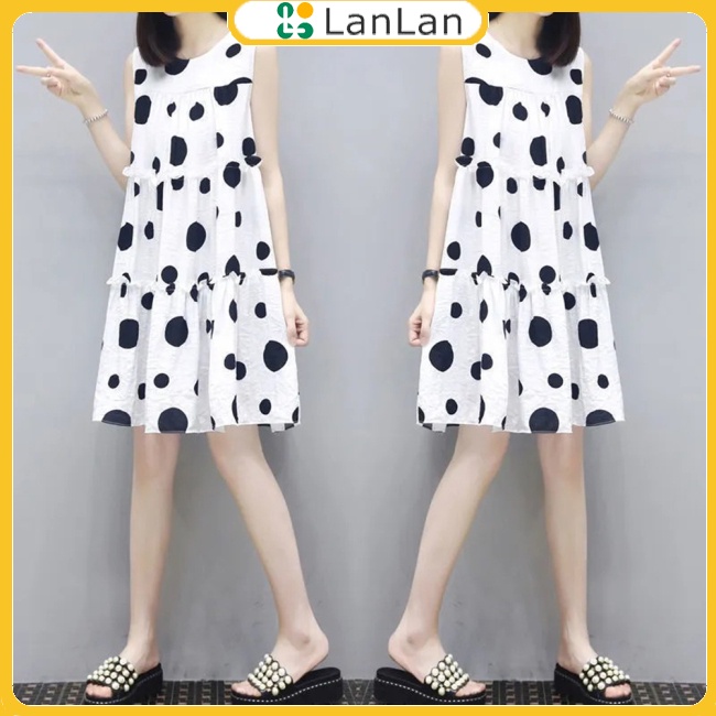 Đầm Midi Sát Nách Cổ Tròn Dáng Chữ A Họa Tiết Chấm Bi Xinh Xắn Cho Nữ