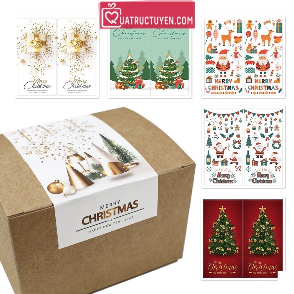 Combo 50 decal Giáng sinh dán nắp hộp Noel, tem sticker Merry Christmas dán trang trí hộp quà tặng, bao bì
