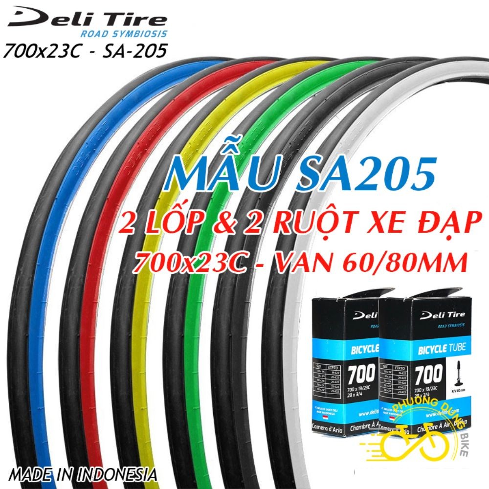 Cặp Lốp (vỏ) và Ruột (săm) xe đạp Deli Tire SA205 700x23C (Lốp Trọc Màu)