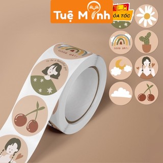 Cuộn 500 Sticker cute tròn hoạt hình Cô gái, Giáng sinh decal nhãn dán trang trí bao bì dễ thương
