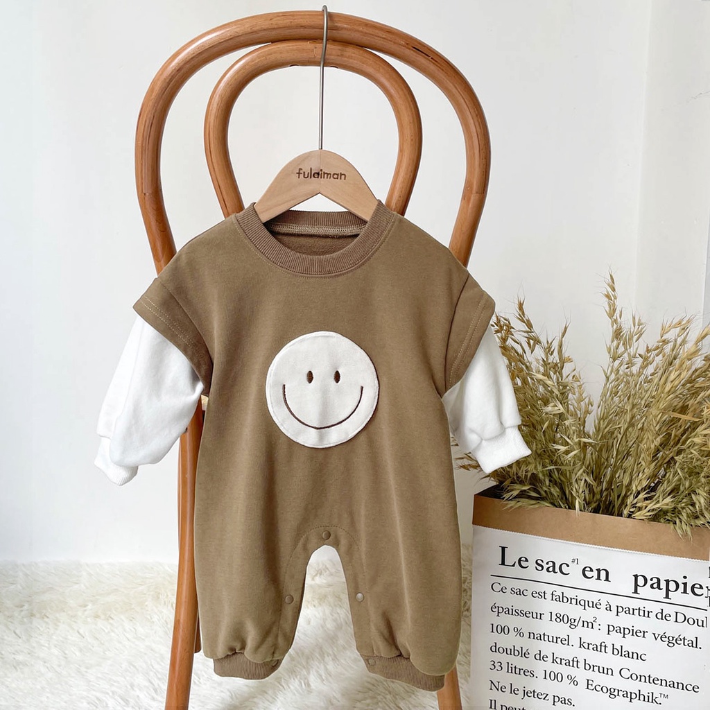 Áo Liền Quần Tay Dài In Hình Mặt Cười Dễ Thương Giữ Ấm Mùa Thu Cho Bé Trai / Gái 0-24 Tháng Tuổi