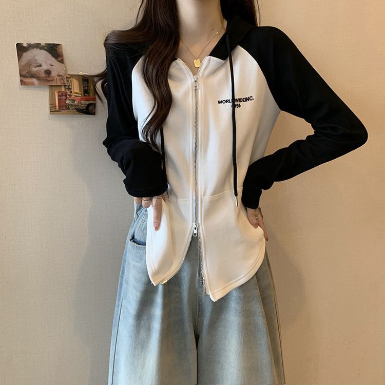 Ielgy Áo Khoác Tay Dài Dáng Rộng Có Khóa Kéo Đôi Màu Sắc Tương Phản Phong Cách Phương Tây Dành Cho Nữ