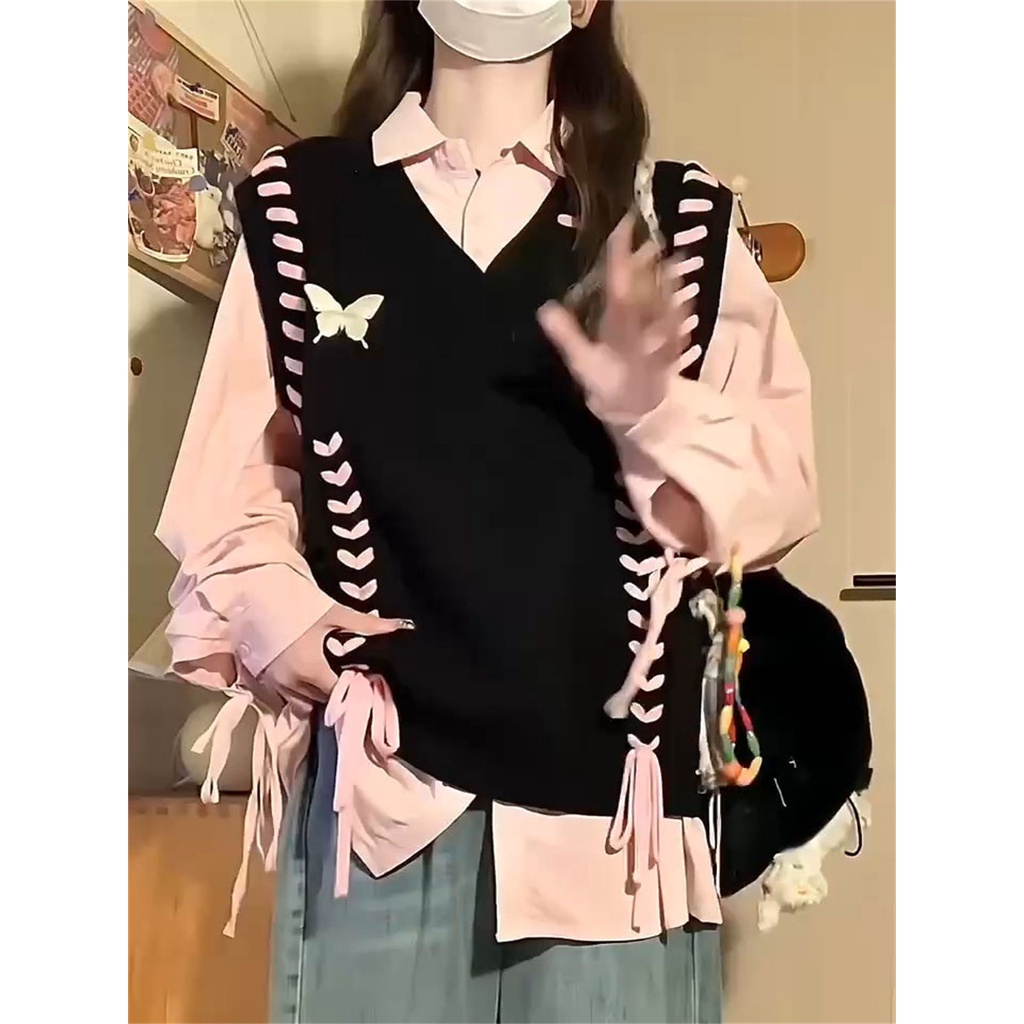 Set Áo Len Dây Rút + Áo Sơ Mi Hồng Mềm Mại handmade Thời Trang Cho Nữ