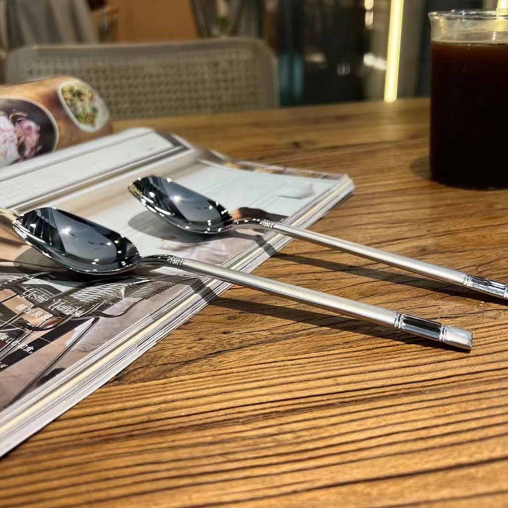 Thìa Vuông Inox 304 Cán Dài Ăn Cơm Muỗng Inox Mạ Vàng Ăn Phở Cháo Cao Cấp Phong Cách Hàn Quốc