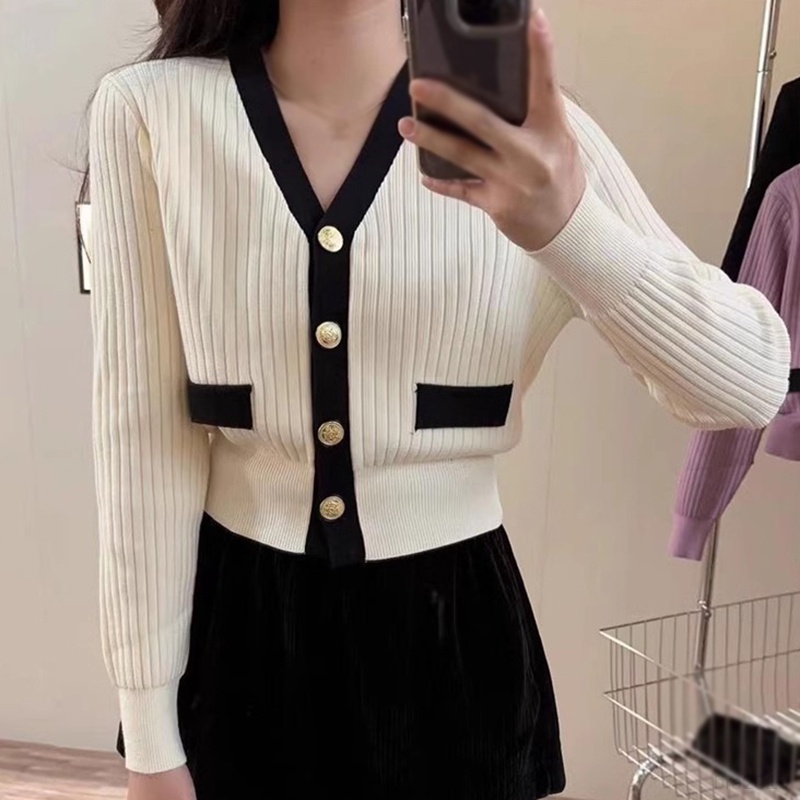 Áo Khoác cardigan Dệt Kim Cổ Chữ v Màu Sắc Tương Phản Thời Trang Thu Đông