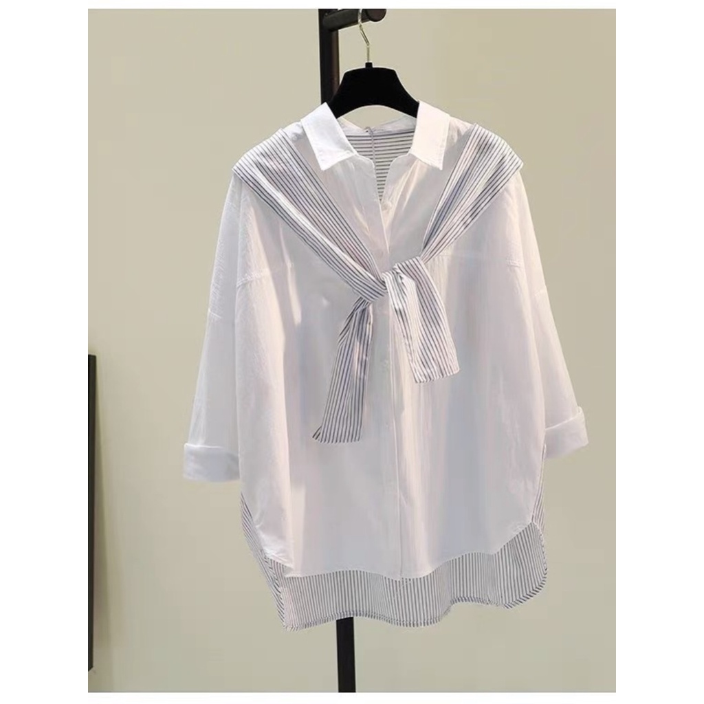 Qunz Bán Buôn Áo Sơ Mi Ghép Nối Khăn Choàng Thanh Dọc 7036