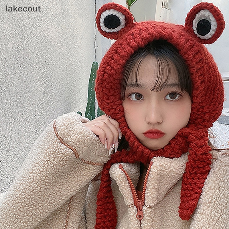 Lat Mũ beanie Dệt Kim Đính Chú Ếch Mắt To Màu Xanh Lá Cây Giữ Ấm Che Tai Thời Trang hye