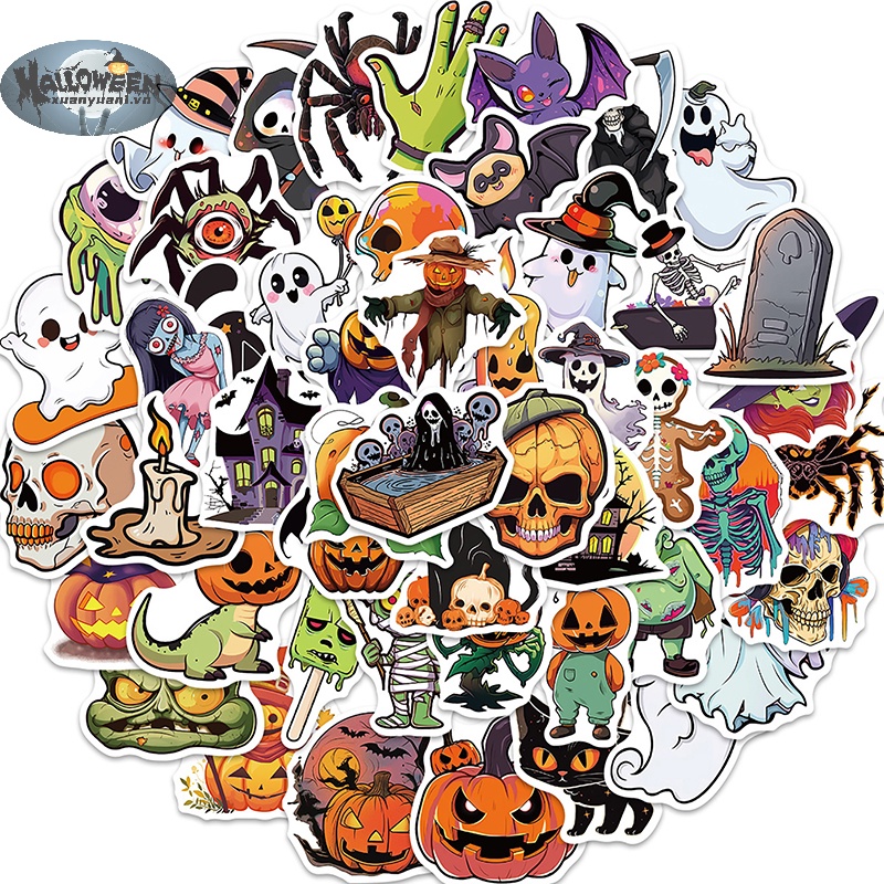 Set 50 Miếng Dán Trang Trí Xe Hơi / Vali / laptop / Điện Thoại / Sổ Tay diy Họa Tiết halloween