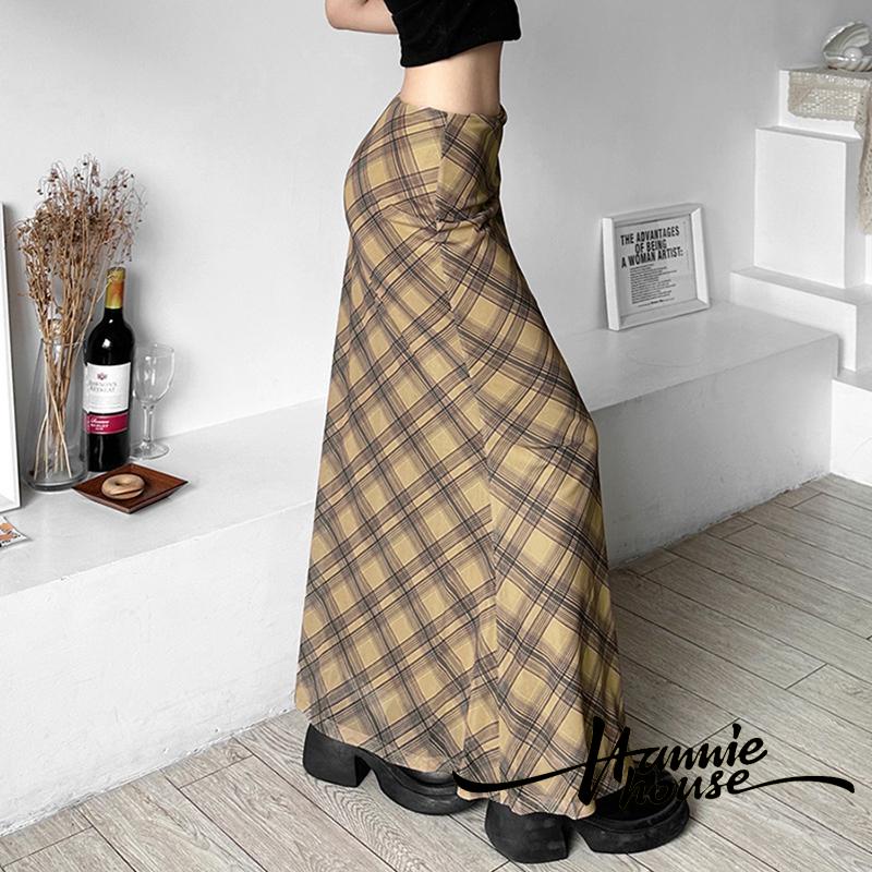 Chân Váy Lưng Cao Họa Tiết Sọc Caro Phong Cách vintage
