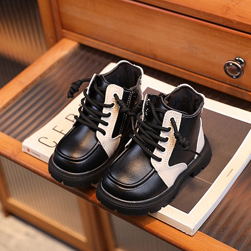 Giày Bốt Da Mềm Màu Đen Cá Tính Cho Bé Trai