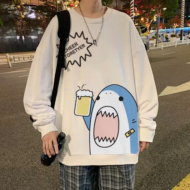 Áo sweater nam bigsize M-8XLÁo Sweater cotton Nhung Dày Tay Dài Cổ Tròn In Hình Cá Mập Hoạt Hình Phong Cách Mỹ Thời Trang Mùa Thu Cho Nam