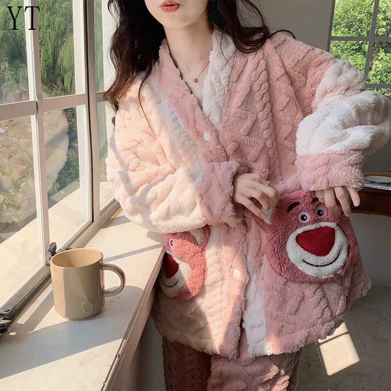 Disney Bộ Đồ Ngủ Lông Cừu San Hô Dày Dặn In Hoạt Hình Toy Story Dễ Thương Thời Trang Mùa Đông Cho Nữ