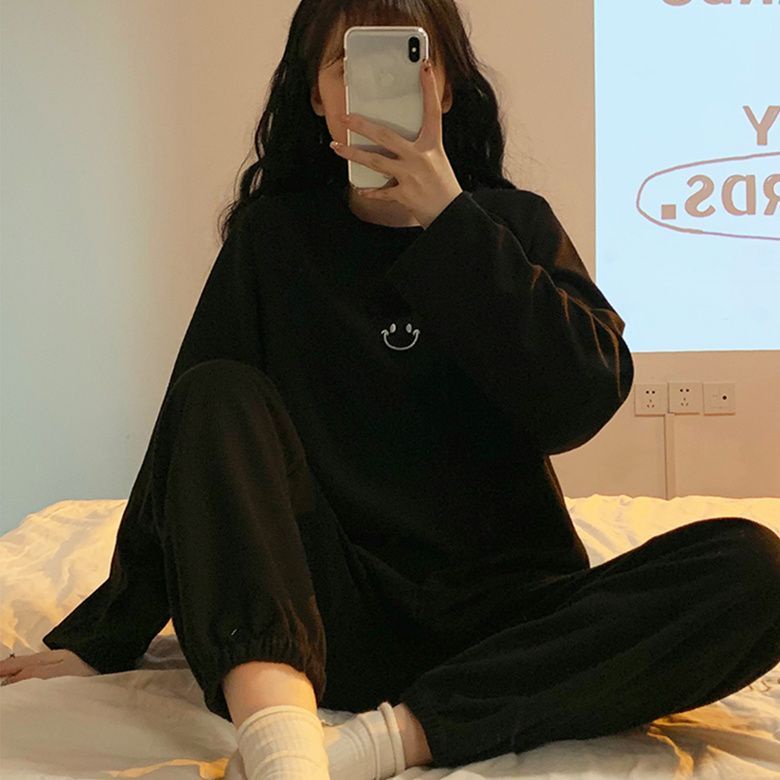 Bộ Đồ Ngủ Tay Dài Dáng Rộng in Hình Bánh waffle Cười Dễ Thương Thời Trang Mùa Thu Cho Nữ