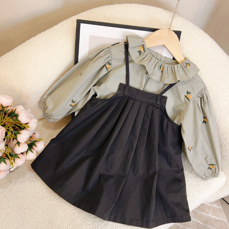 Set Áo Sơ Mi Cổ Búp Bê Kèm Váy Yếm Xinh Xắn Cho Bé Gái