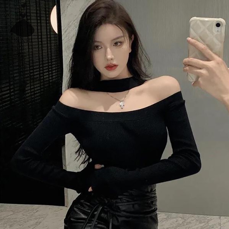 Crlnhc Áo sweater Dệt Kim Trễ Vai Tay Dài Màu Trơn Dáng Ôm Gợi Cảm Thời Trang Mùa Thu Cho Nữ vn