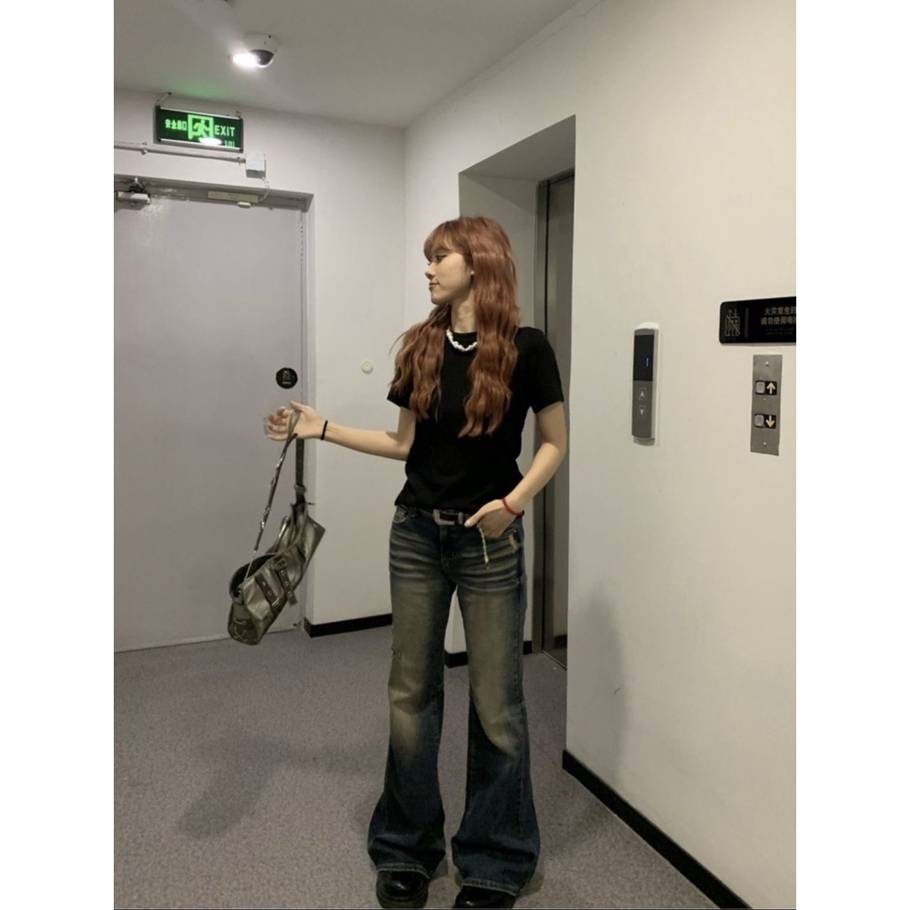 Thiết Kế Quần denim Dài Ôm Dáng Xếp Nếp Eo Thấp Xuyên Thấu retro Cho Nữ