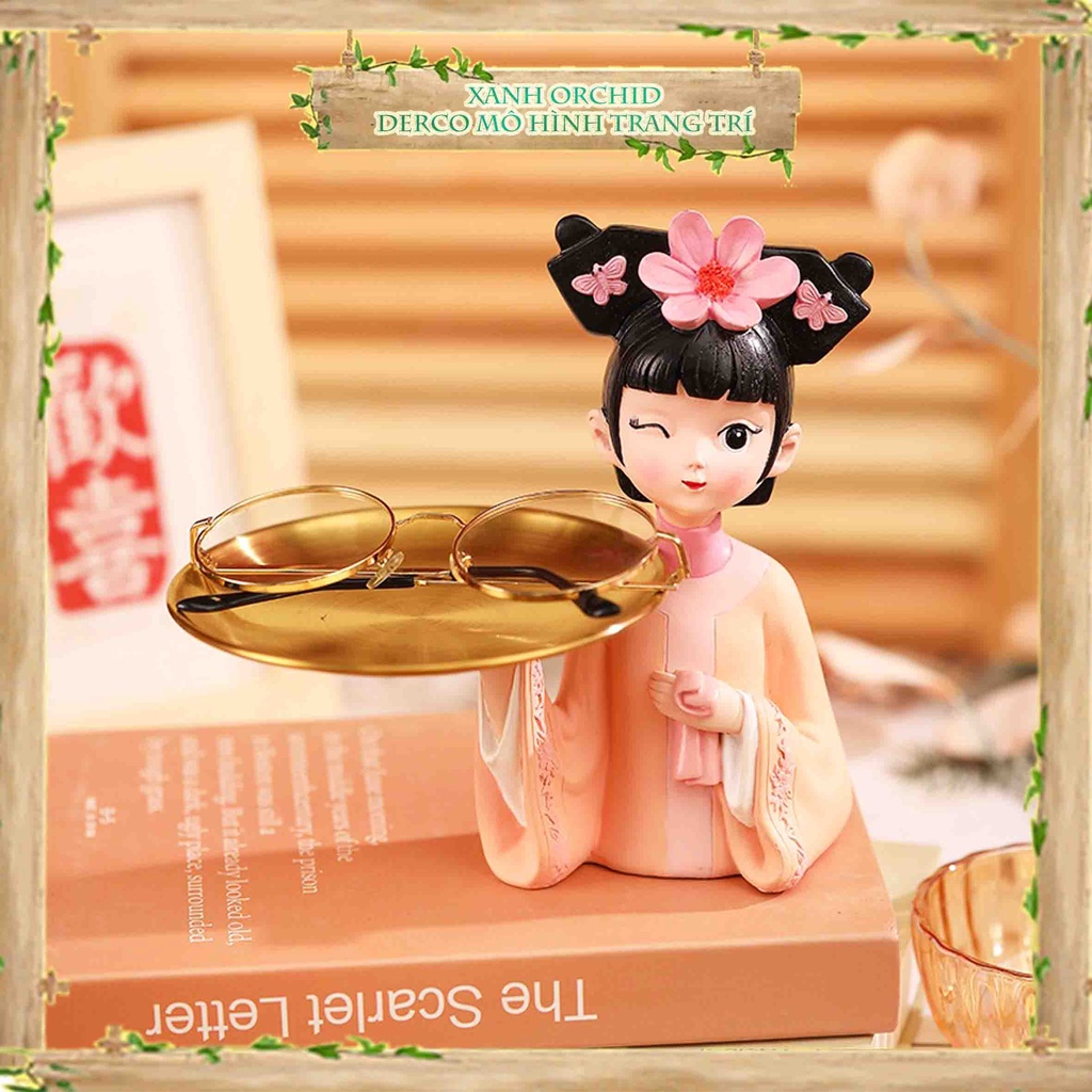 Decor Để Bàn "Cô Gái Trung Hoa Bê Khay" Đựng Bánh Kẹo Chìa Khóa Đẹp