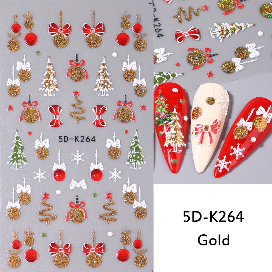 Miếng Dán Trang Trí Móng Tay 5d Màu Vàng Kim Lấp Lánh Hình Cây Thông Giáng Sinh / Hoa Tuyết / Gấu Nổi Bật