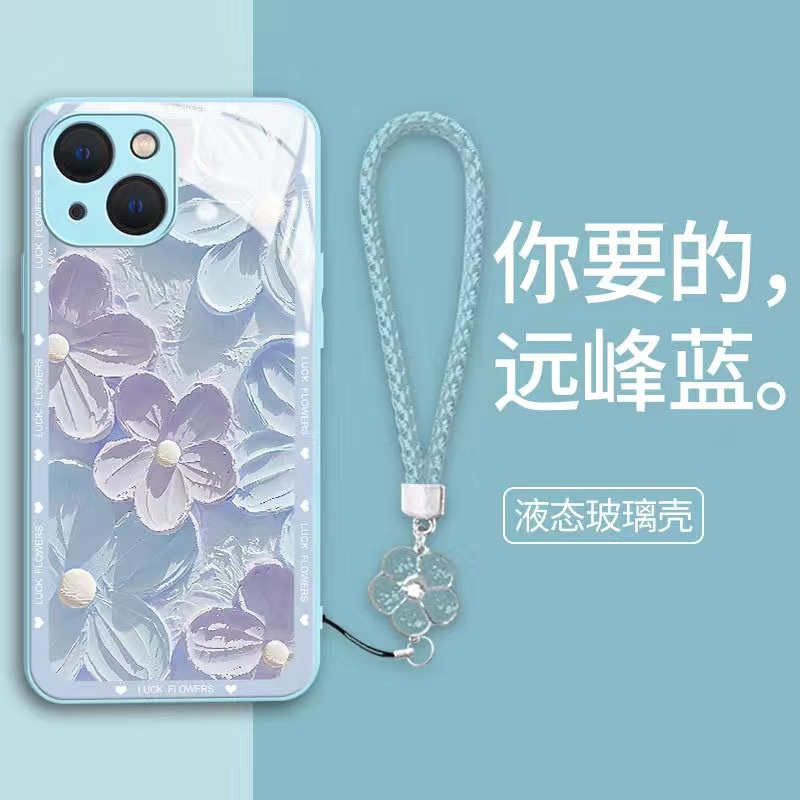 Ốp Điện Thoại Kính Cường Lực Hình Hoa Màu Tím / Xanh Dương Cho iphone 15 promax 14 13pro 12 11promax 78plus xsmax