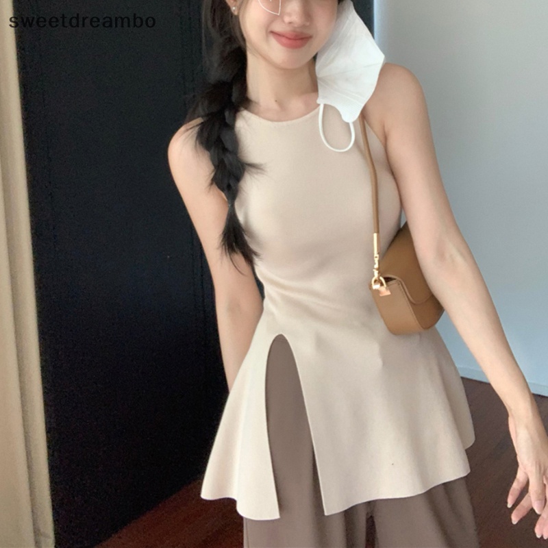 Áo Dệt Kim Sát Nách Cổ Tròn Màu Trơn Thời Trang Mùa Hè Cho Nữ
