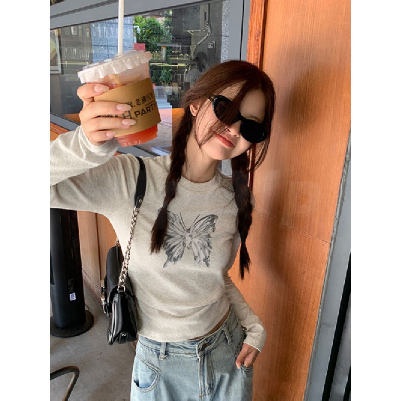 Áo baby tee Áo croptop tay dài Áo Thun Tinh Khiết Tay Dài Hở Vai Dáng Ôm In Họa Tiết Bướm Thời Trang Mùa Thu Cho Nữ