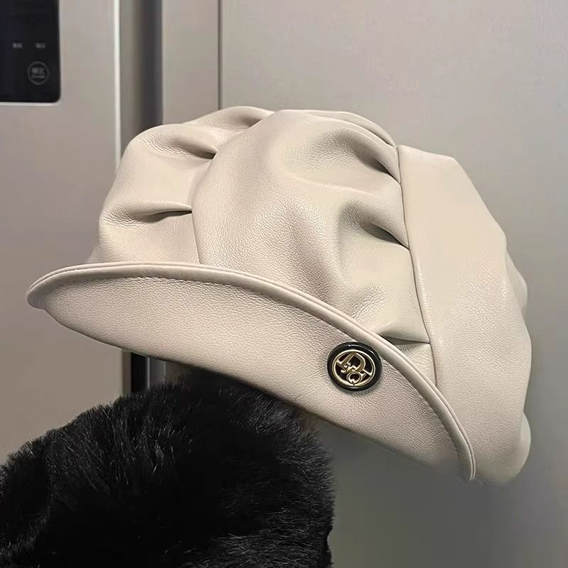 Mũ beret Da Màu Đen Xếp Ly Phong Cách retro Hàn Quốc Dễ Phối Đồ Cho Nữ